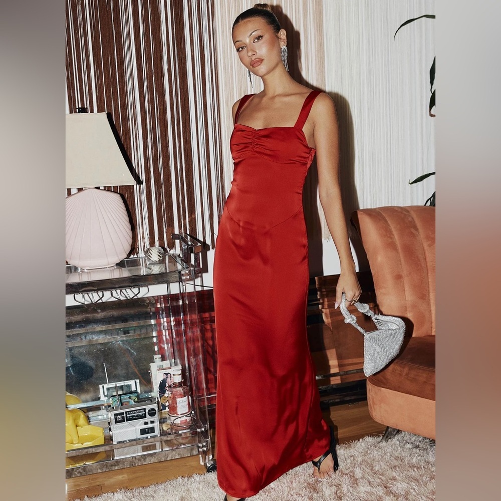 NWT Princess Polly Strauss Red Satin Square Neck Maxi Slip Dress Red Sz 0